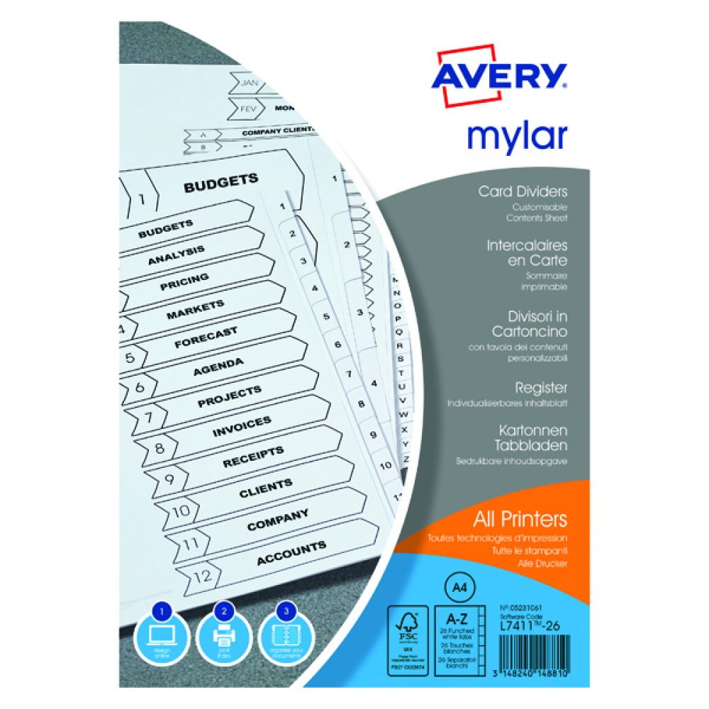Avery A-Z 26-Part Mylar Alpha Divider A4 Bright White 05231061