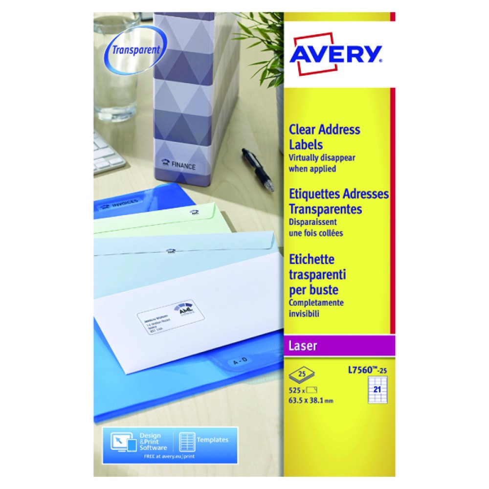 Avery Laser Address Labels 63.5x38.1 21 Per Sheet Clear (525 Pack) L7560-25