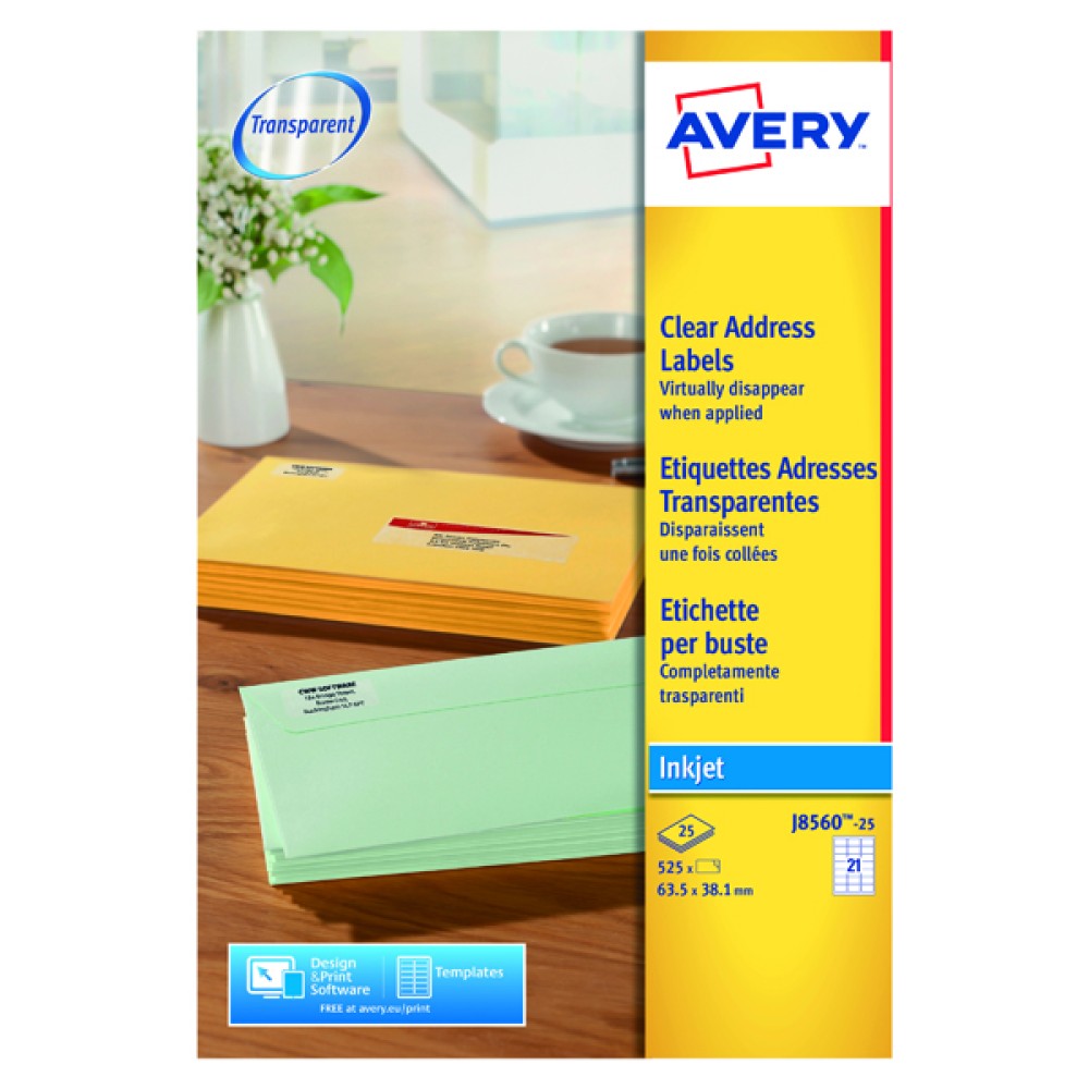 Avery Inkjet Labels 63.5x38.1mm 21 Per Sheet Clear (525 Pack) J8560-25