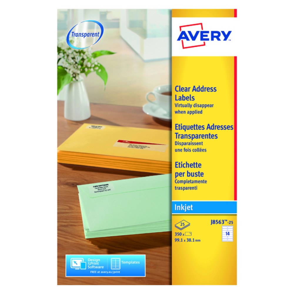 Avery Inkjet Labels 99x38mm 14 Per Sheet Clear (350 Pack) J8563-25