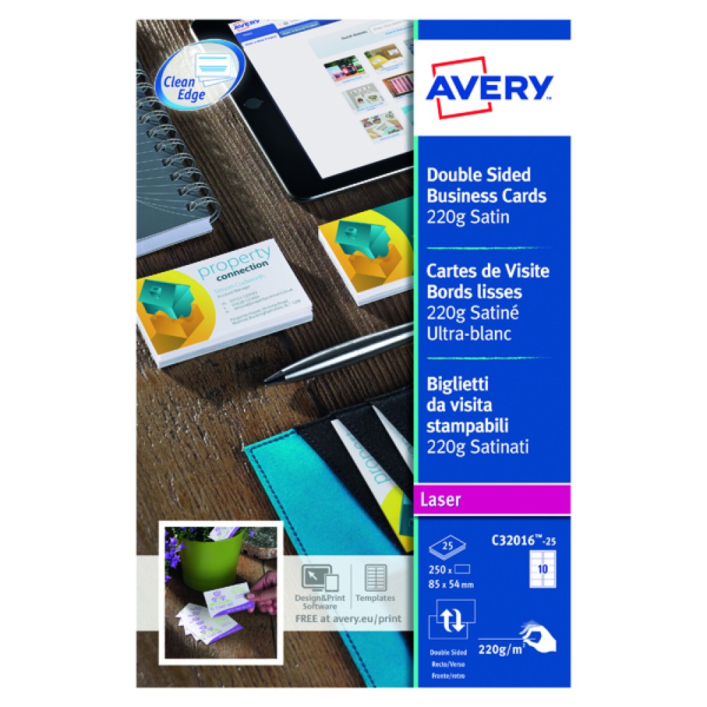 Avery Satin White Double Sided Laser Business Cards 85 x 54mm 220gsm (250 Pack) C32016-25