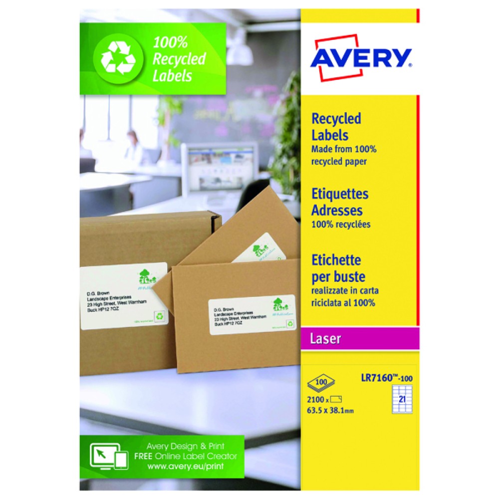 Avery Laser Address Label Recycled 63.5 x 38.1mm 21 Per Sheet White (2100 Pack) LR7160-100