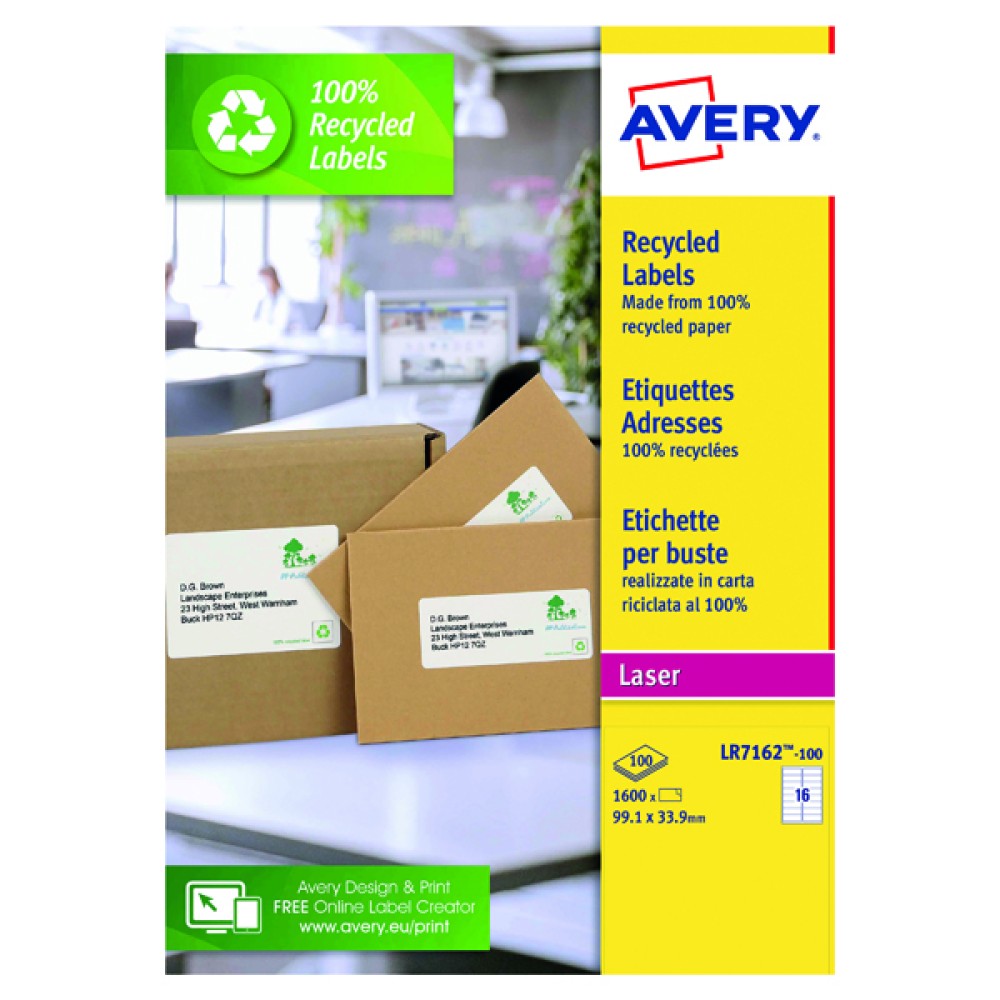 Avery Laser Address Labels Recycled 99.1 x 33.9mm 16 Per Sheet White (1600 Pack) LR7162-100