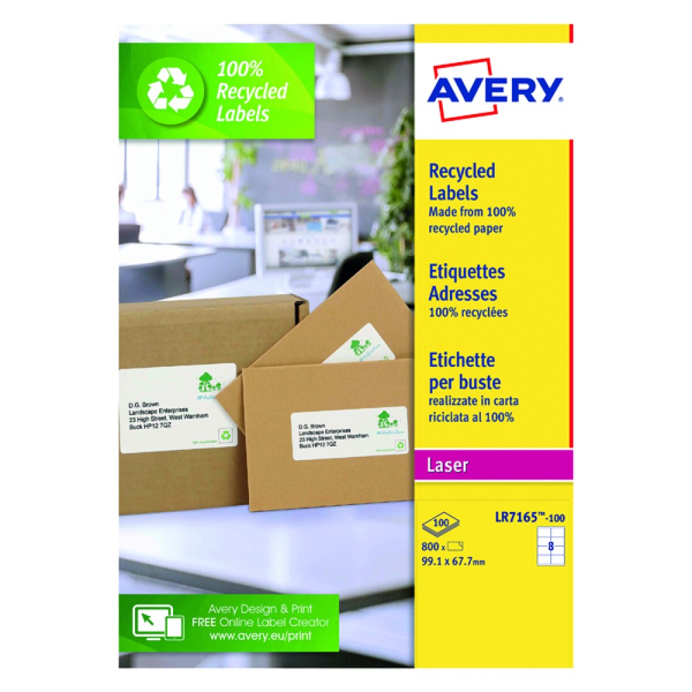Avery Laser Parcel Labels Recycled 99.1x67.7mm 8 Per Sheet White (800 Pack) LR7165-100