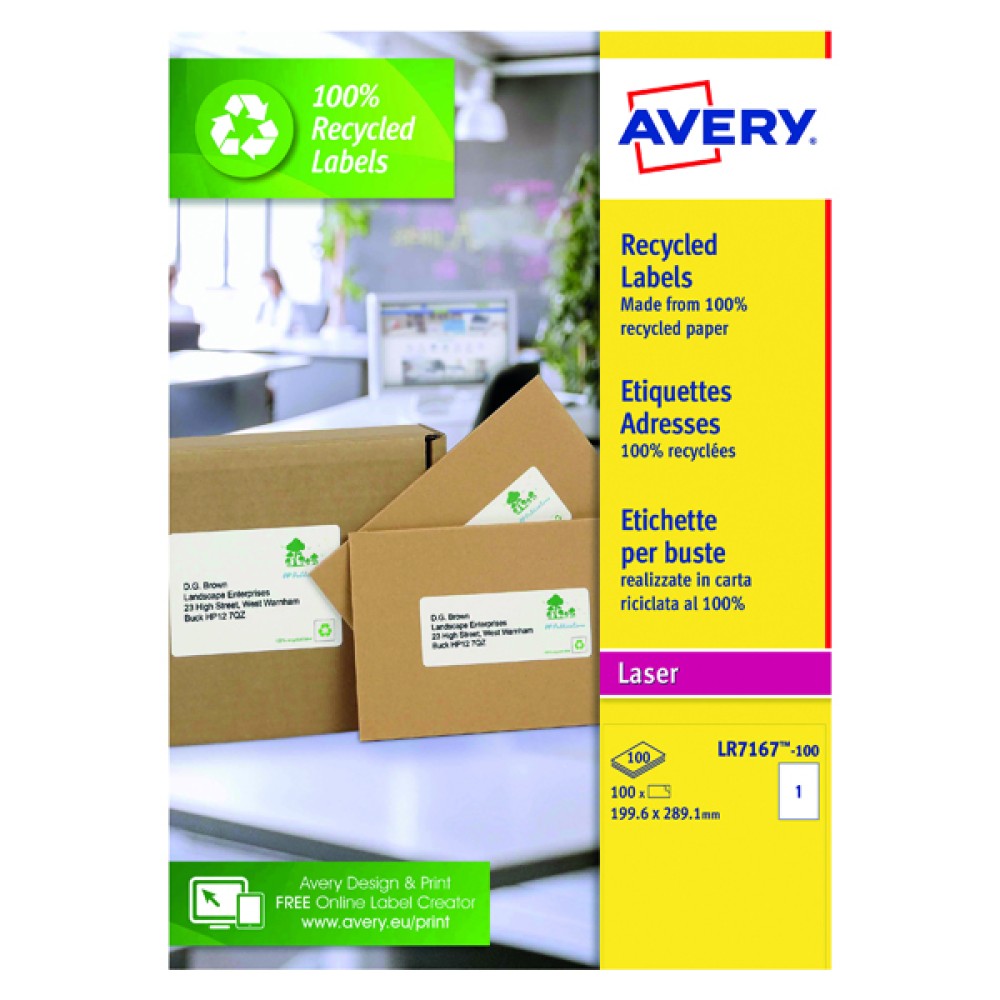 Avery Laser Parcel Labels Recycled 199.6x289.1mm 1 Per Sheet White (100 Pack) LR7167-100