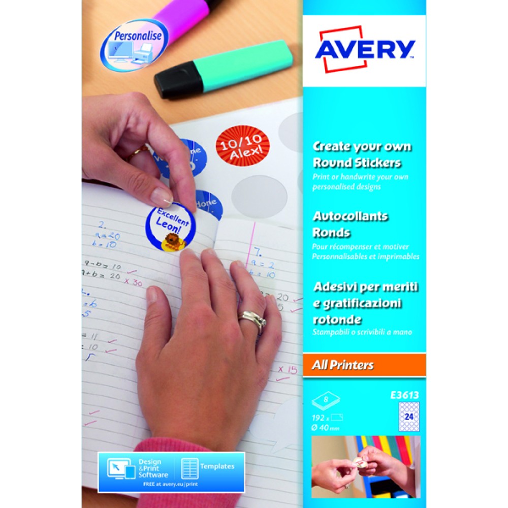 Avery Create Your Own Reward Stickers Round 40mm (192 Pack) E3613