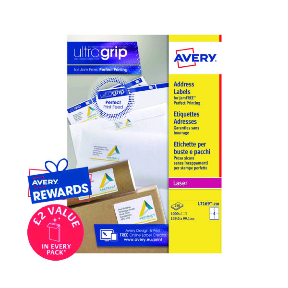 Avery Ultragrip Laser Parcel Labels 139x99.1mm 4 Per Sheet White (1000 Pack) L7169-250