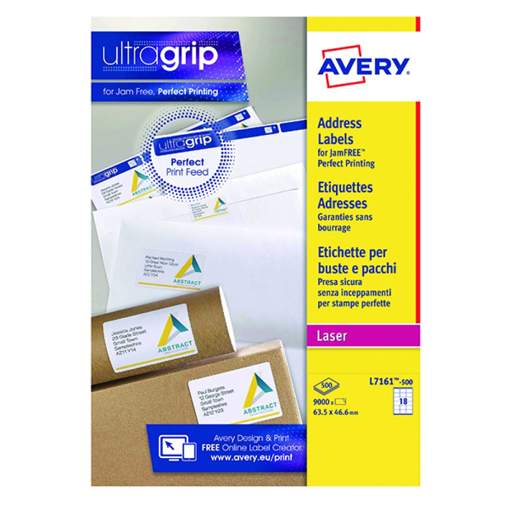 Avery Ultragrip Laser Address Labels QuickPEEL 63.5x46.6mm 18 Per Sheet White (9000 Pack) L7161-500