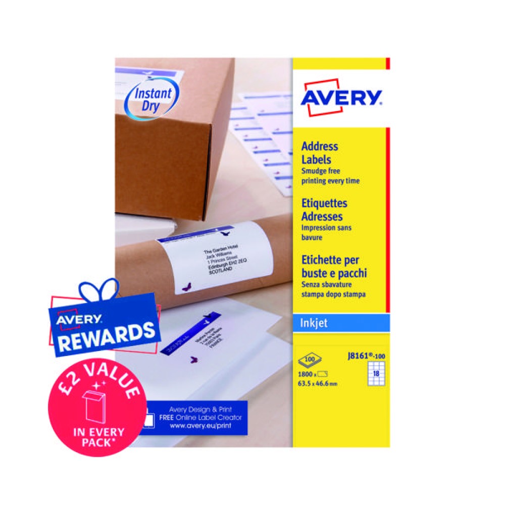 Avery Inkjet Address Labels QuickDRY 63.5x46.6mm 18 Per Sheet White (1800 Pack) J8161-100