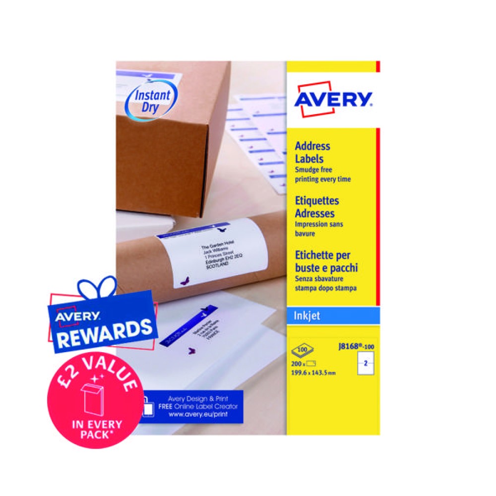 Avery Inkjet Parcel Label QuickDRY 199.6 x 143.5mm 2 Per Sheet White (200 Pack) J8168-100