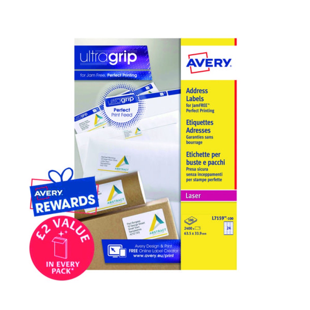 Avery Ultragrip Laser Address Labels QuickPEEL 63.5x33.9mm 24 Per Sheet White (2400 Pack) L7159-100