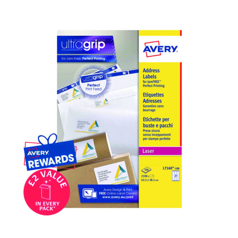 Avery Ultragrip Laser Address Labels QuickPEEL 63.5x38.1mm 21 Per Sheet White (2100 Pack) L7160-100
