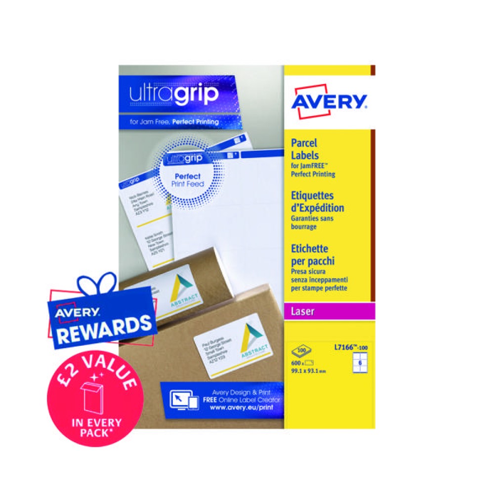 Avery Ultragrip Laser Parcel Labels 99.1x93.1mm 6 Per Sheet White (600 Pack) L7166-100