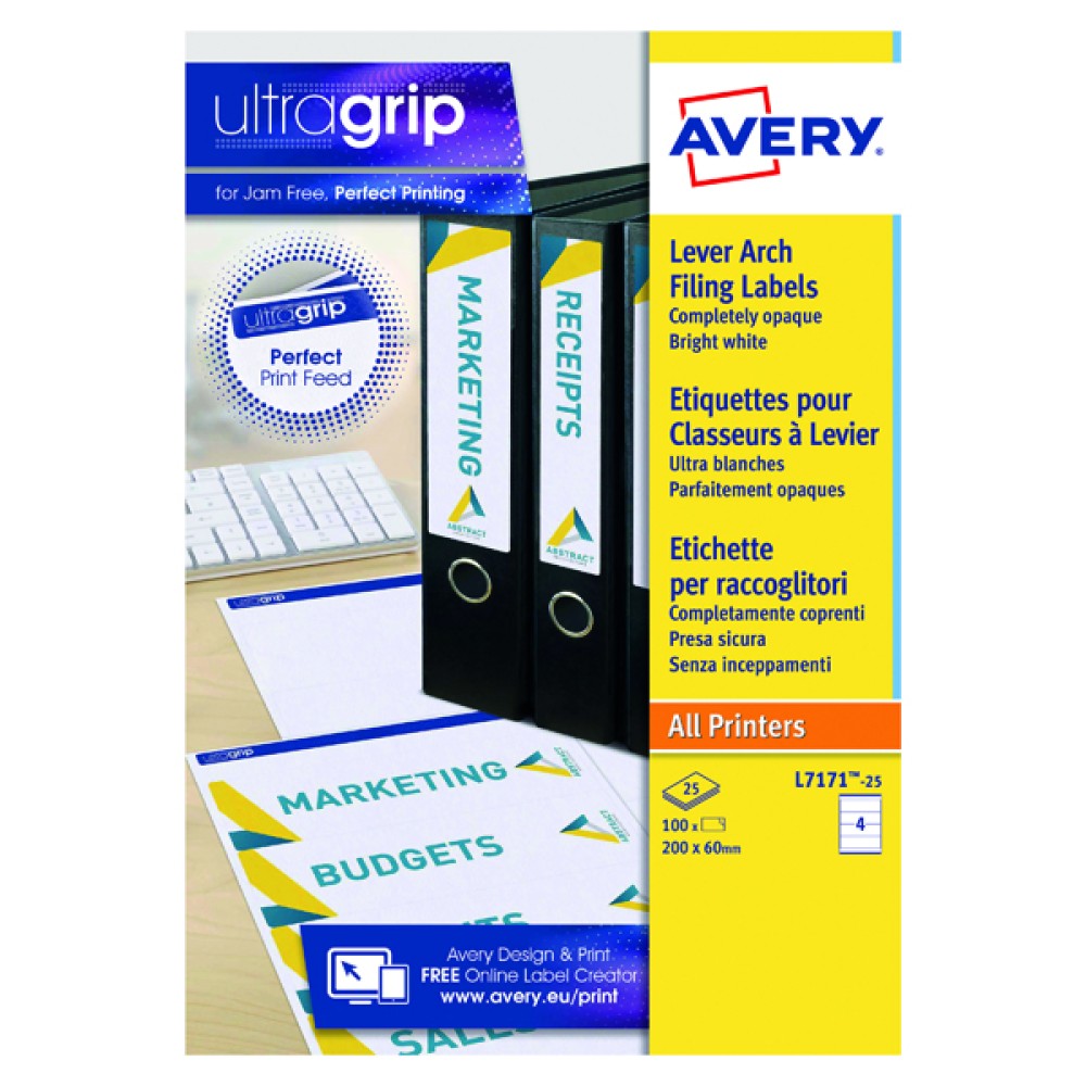 Avery Laser and Inkjet Lever Arch Filing Labels 200x60mm 25 x 4 Per Sheet White (100 Pack) L7171-25