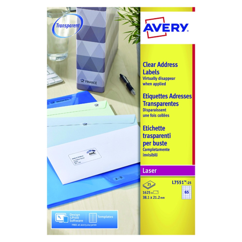 Avery Laser Mini Labels 38x21mm 65 Per Sheet Clear (1625 Pack) L7551-25