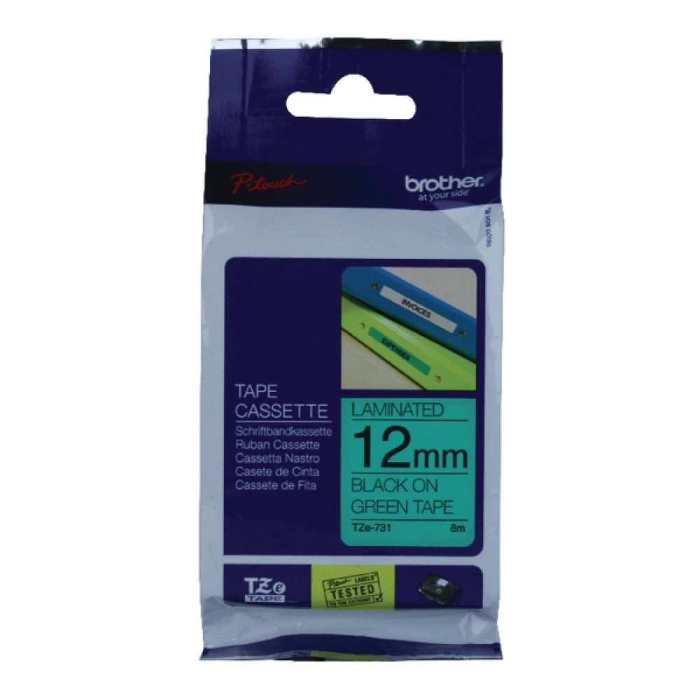 Brother P-Touch TZe 12mm Black on Green Labelling Tape TZE731