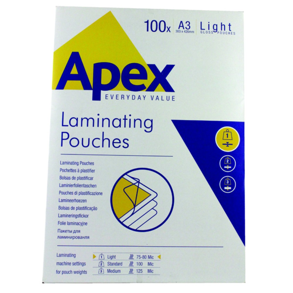 Fellowes Apex A3 Light Duty Laminating Pouches 150 Micron Clear (100 Pack) 6001901
