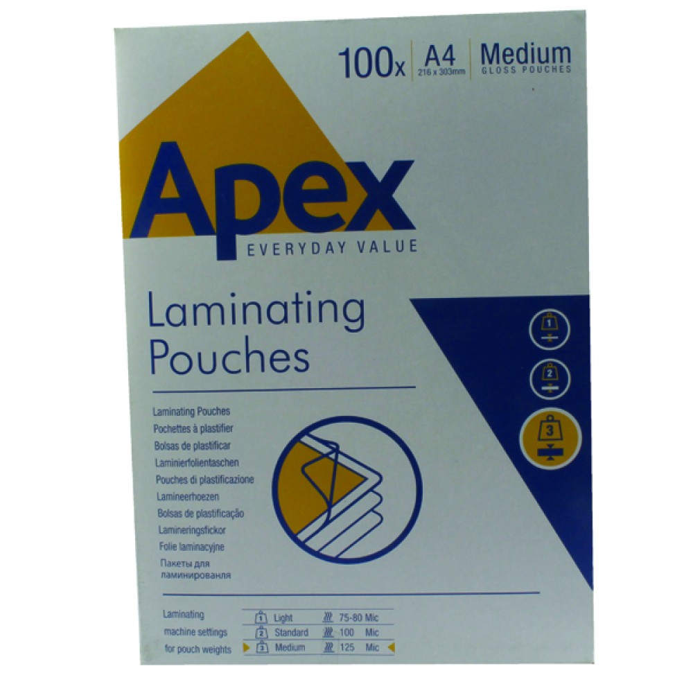 Apex A4 Medium Duty Laminating Pouches 250 Micron Clear (100 Pack) 6003501