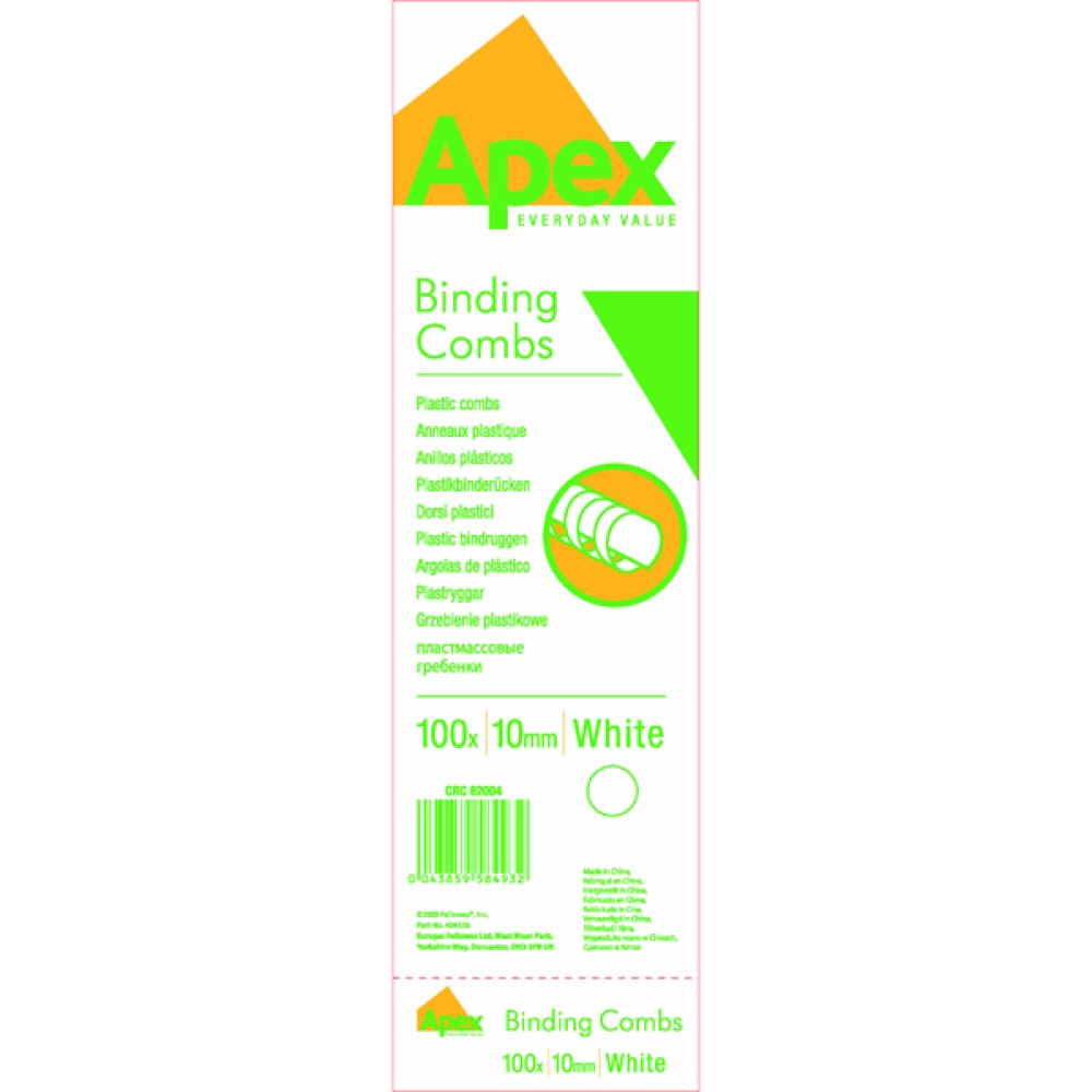Fellowes Apex 10mm White Plastic Binding Comb (100 Pack) 6200401