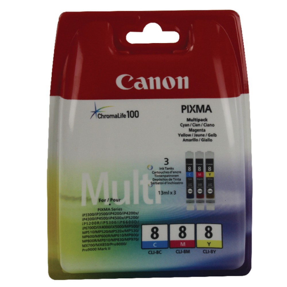 Canon CLI-8 Cyan/Magenta/Yellow Inkjet Cartridges (3 Pack) 0621B026