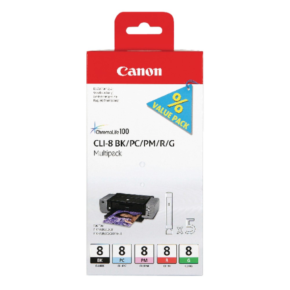 Canon CLI-8 Black/Photo Cyan/Photo Magenta/Red/Green Inkjet Cartridges (5 Pack) 0620B027