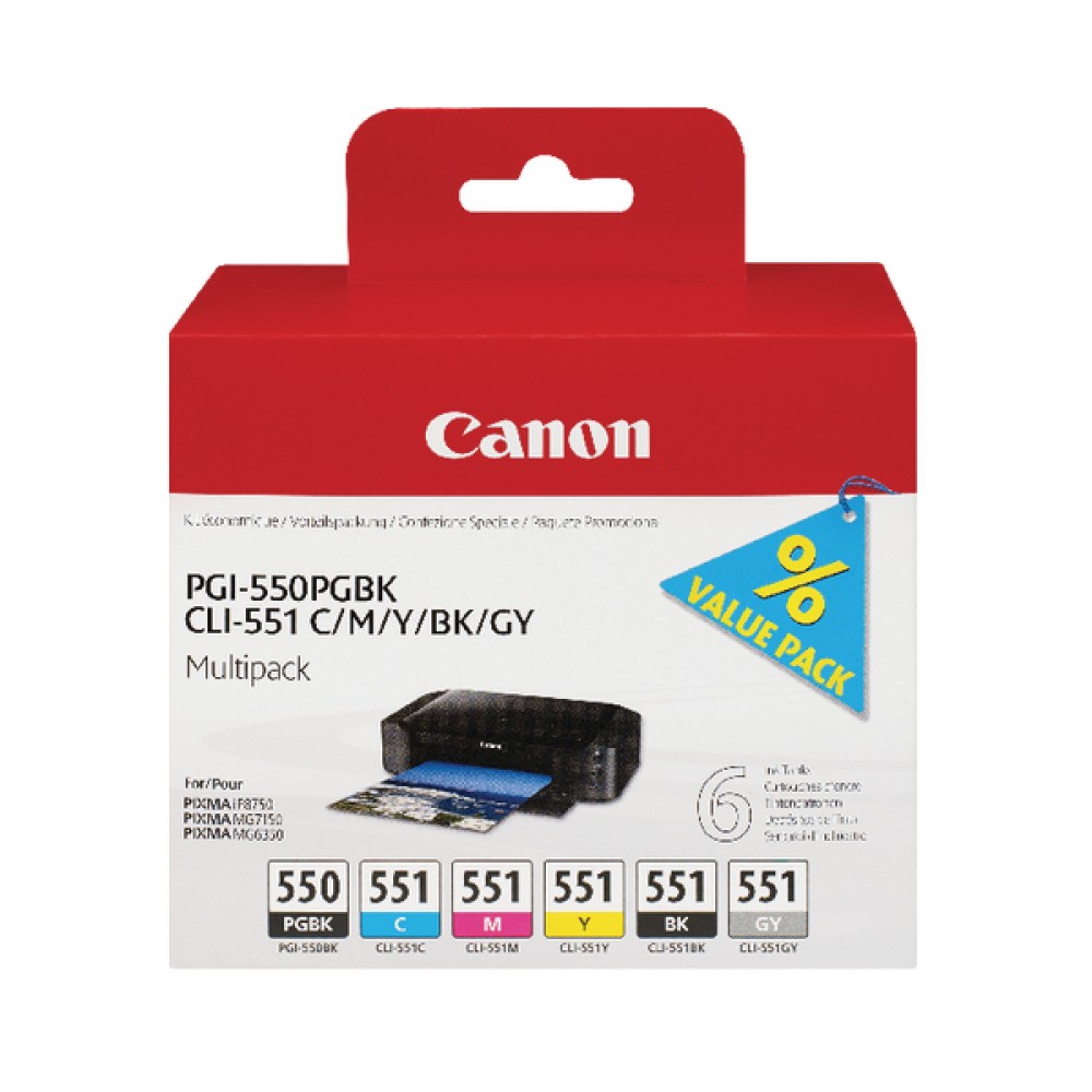 Canon PGI-550/CLI-551 Pigment Bk/C/M/Y/B/Gy Ink Cartridges (6 Pack) 6496B005