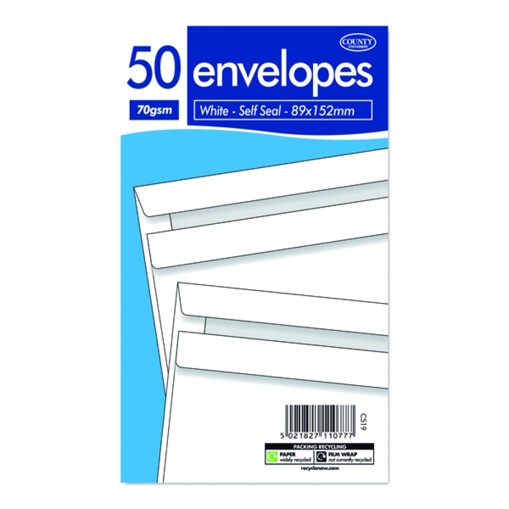 County Stationery  White Self Seal Envelopes 89x152mm (1000 Pack) C519