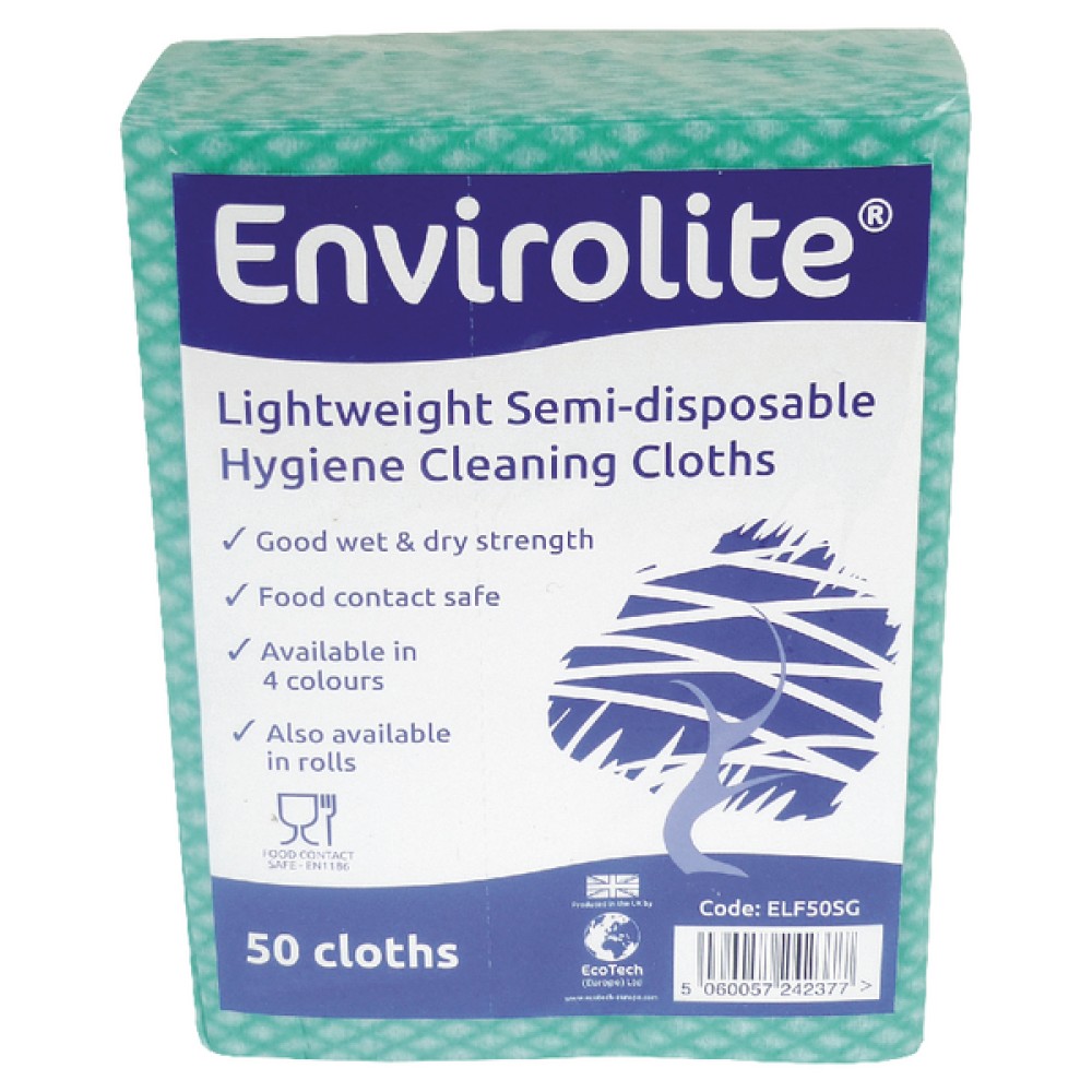 Envirolite 480x360mm Green Lightweight All Purpose Cloths (50 Pack) ELF500