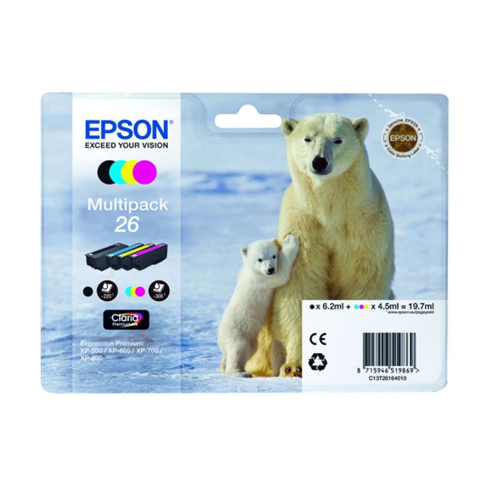 Epson 26 Black/Cyan/Magenta/Yellow Inkjet Cartridge (4 Pack) C13T26164010 / T2616