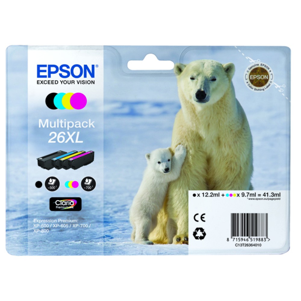 Epson 26XL Black/Cyan/Magenta/Yellow High Yield Inkjet Cartridge (4 Pack) C13T26364010 / T2636