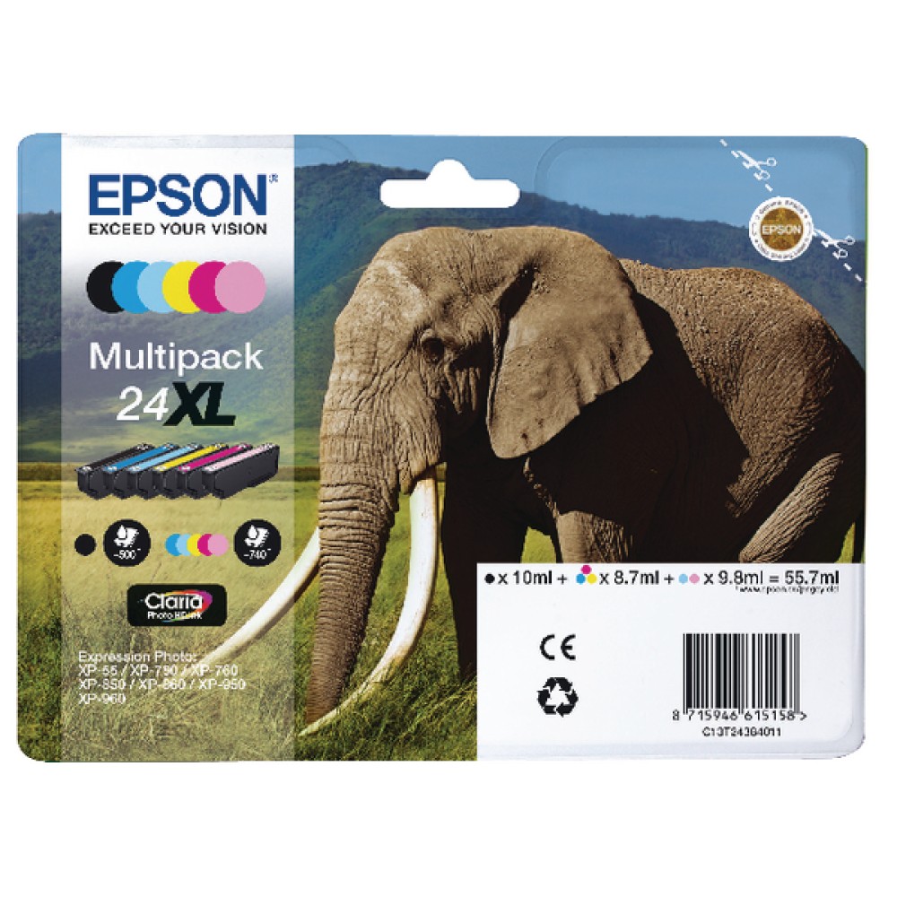 Epson 24XL 6-Colour High Yield Inkjet Cartridge Multipack (6 Pack) C13T24384011