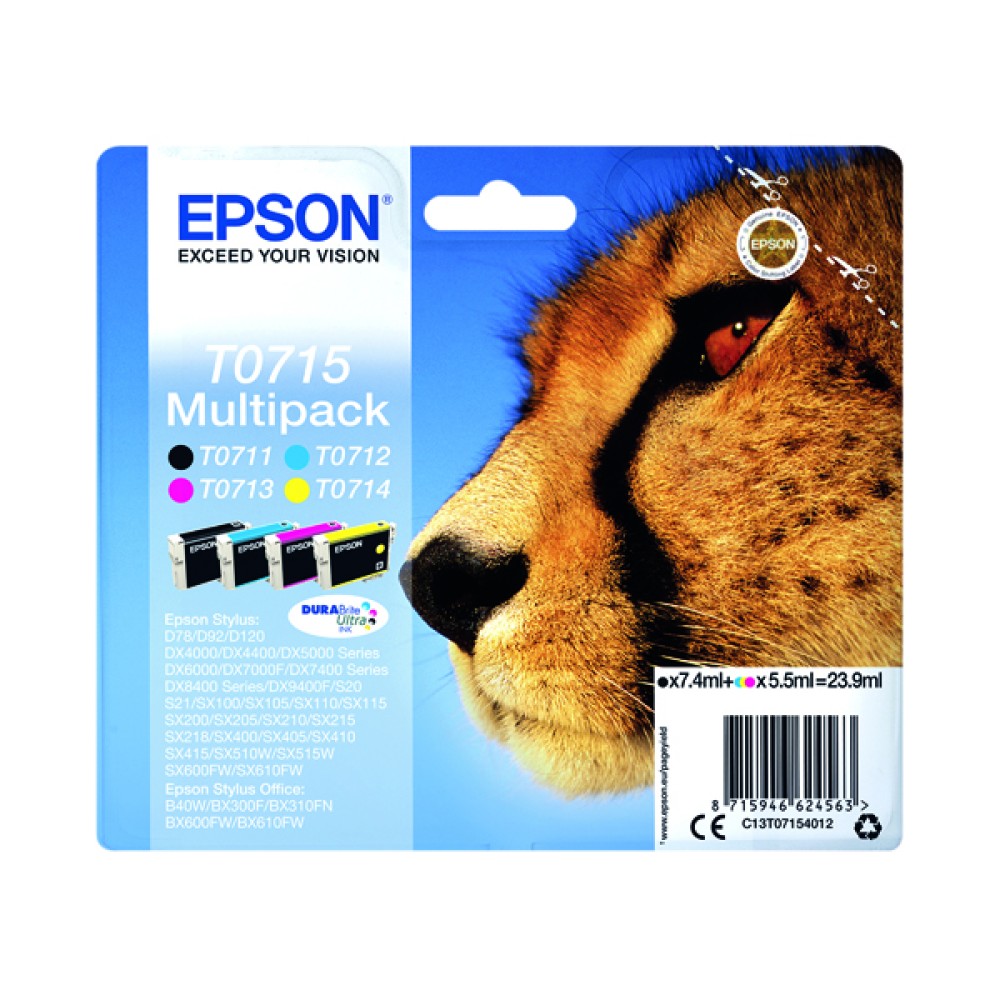 Epson T0715 Black/Cyan/Magenta/Yellow Inkjet Cartridge (4 Pack) C13T07154012