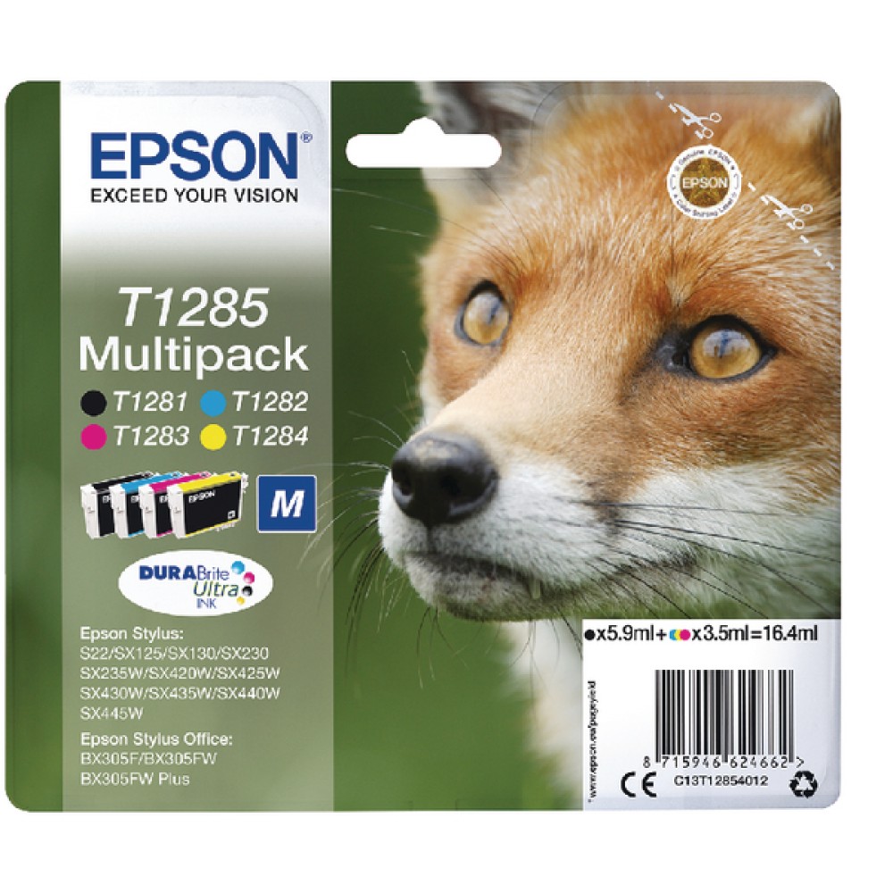 Epson T1285 Black/Cyan/Magenta/Yellow Inkjet Cartridges (4 Pack) C13T12854012