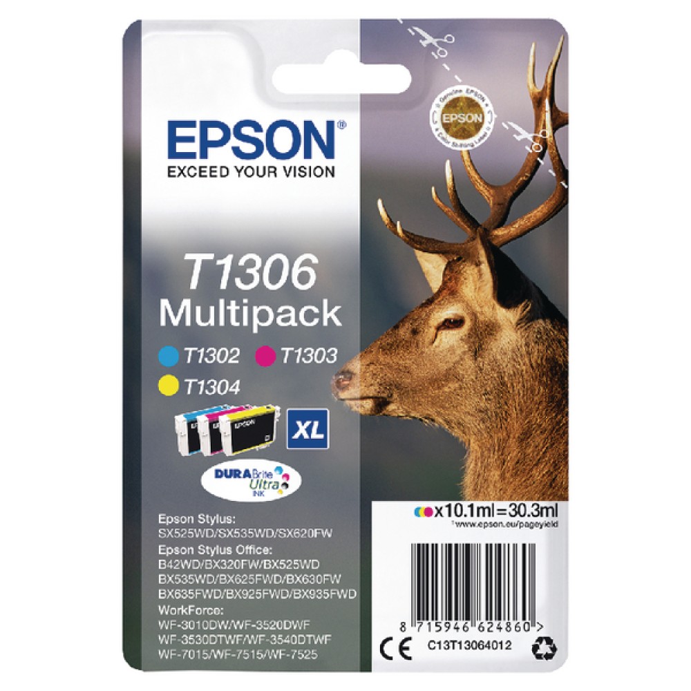 Epson T1306 Cyan Magenta Yellow XHY Cartridges (3 Pack) C13T13064012
