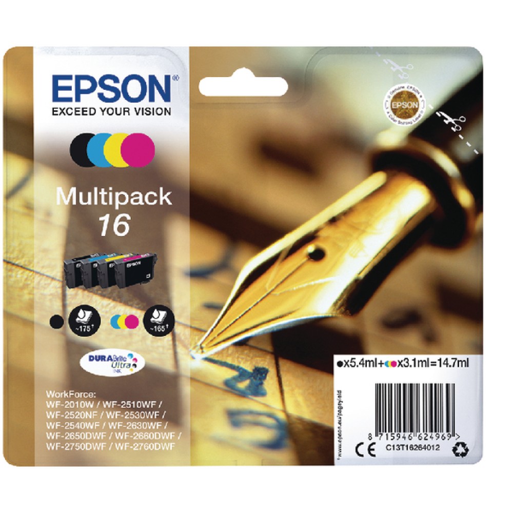 Epson 16 Black Cyan Magenta Yellow Ink Cartridges (4 Pack) C13T16264012