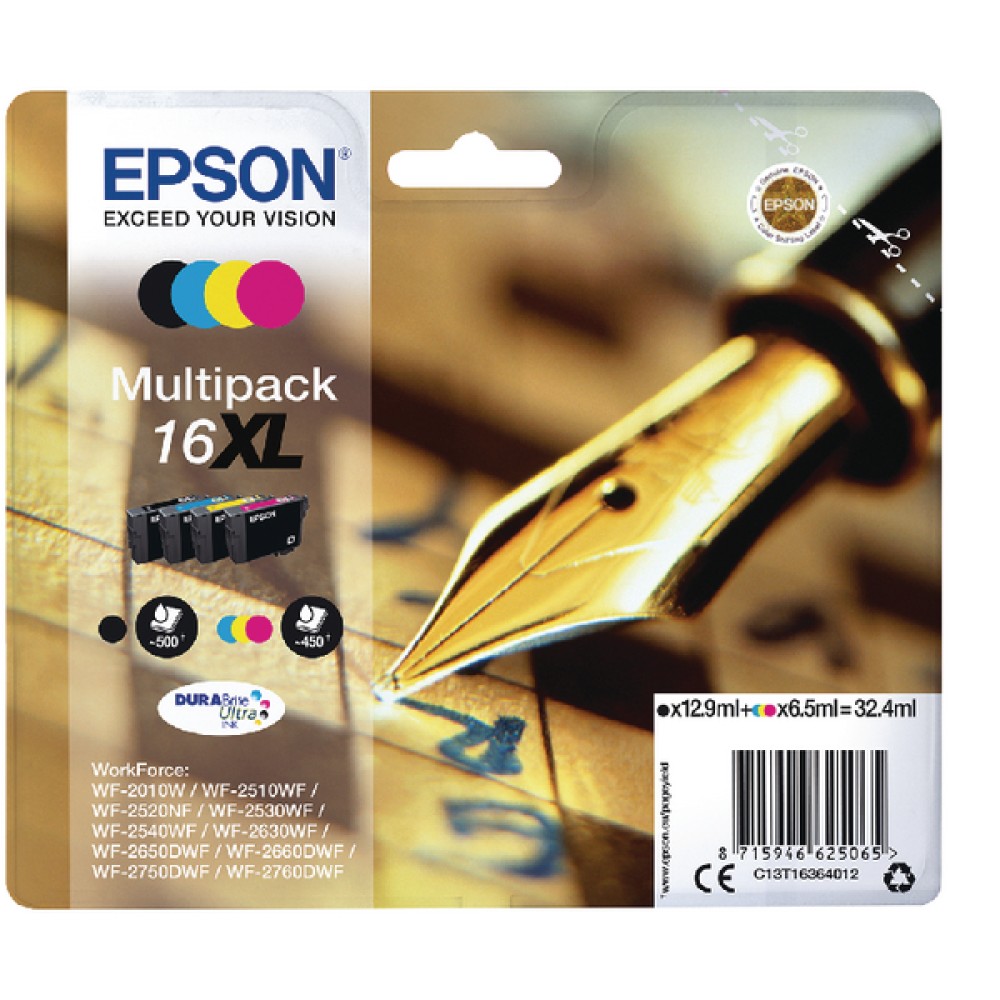 Epson 16XL Black Cyan Magenta Yellow Ink Cartridges (4 Pack) C13T16364012