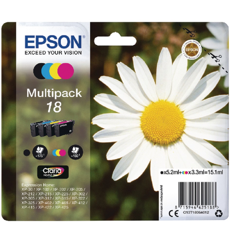 Epson 18 Black/Cyan/Magenta/Yellow Ink Cartridges (4 Pack) C13T18064012