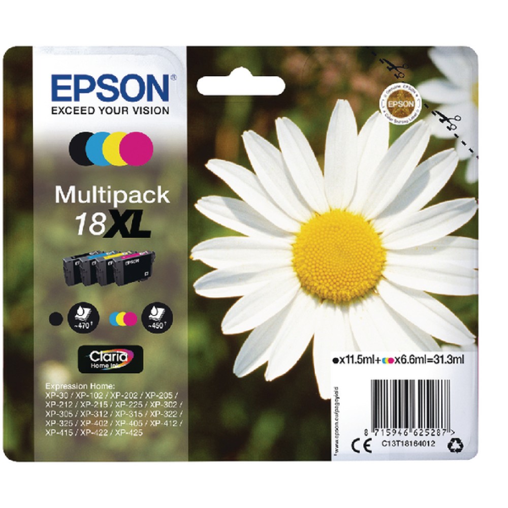 Epson 18XL Black/Cyan/Magenta/Yellow Ink Cartridges (4 Pack) C13T18164012