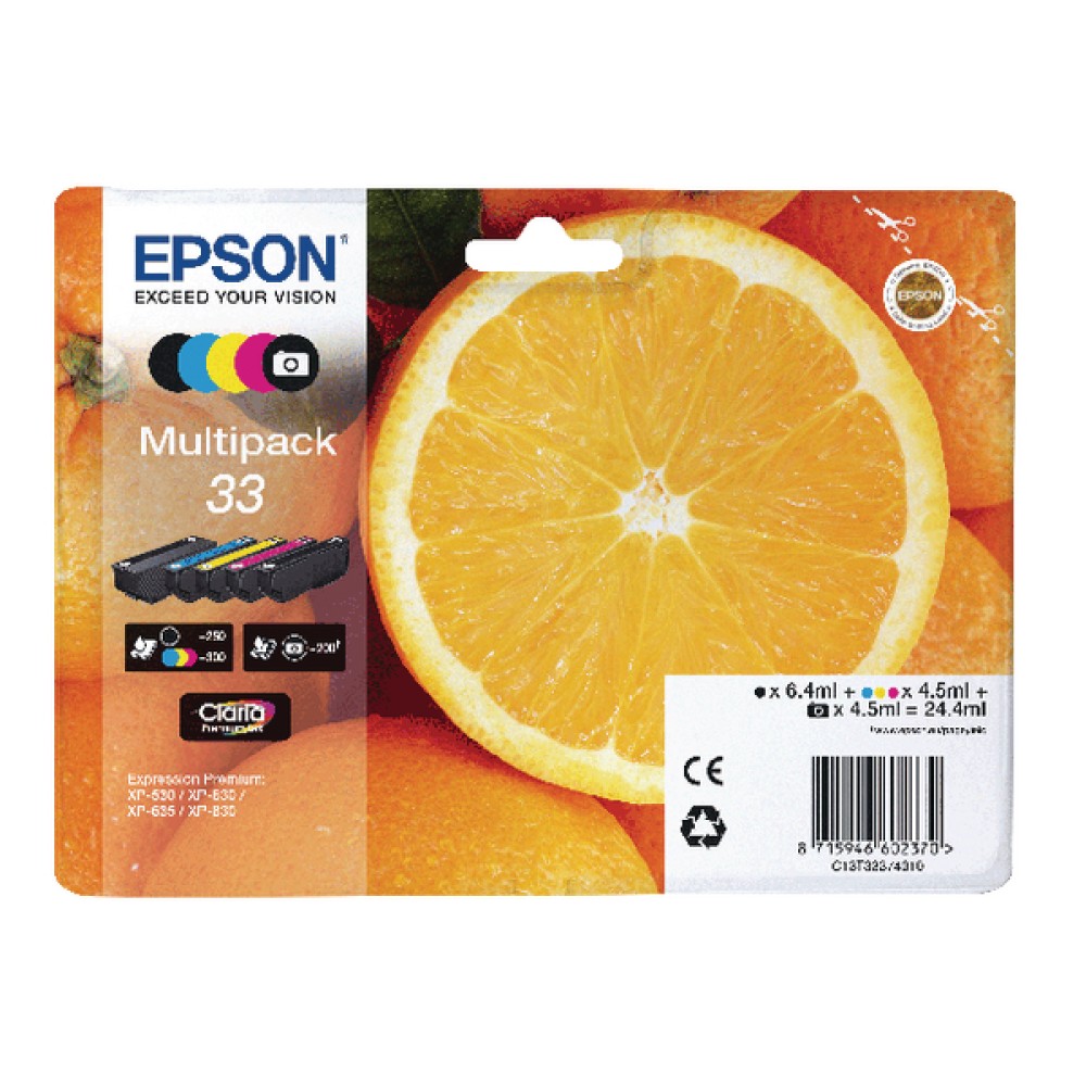 Epson Multipack 33 Non-Tagged Inkjet Cartridges CMYKPhK (5 Pack) C13T33374011