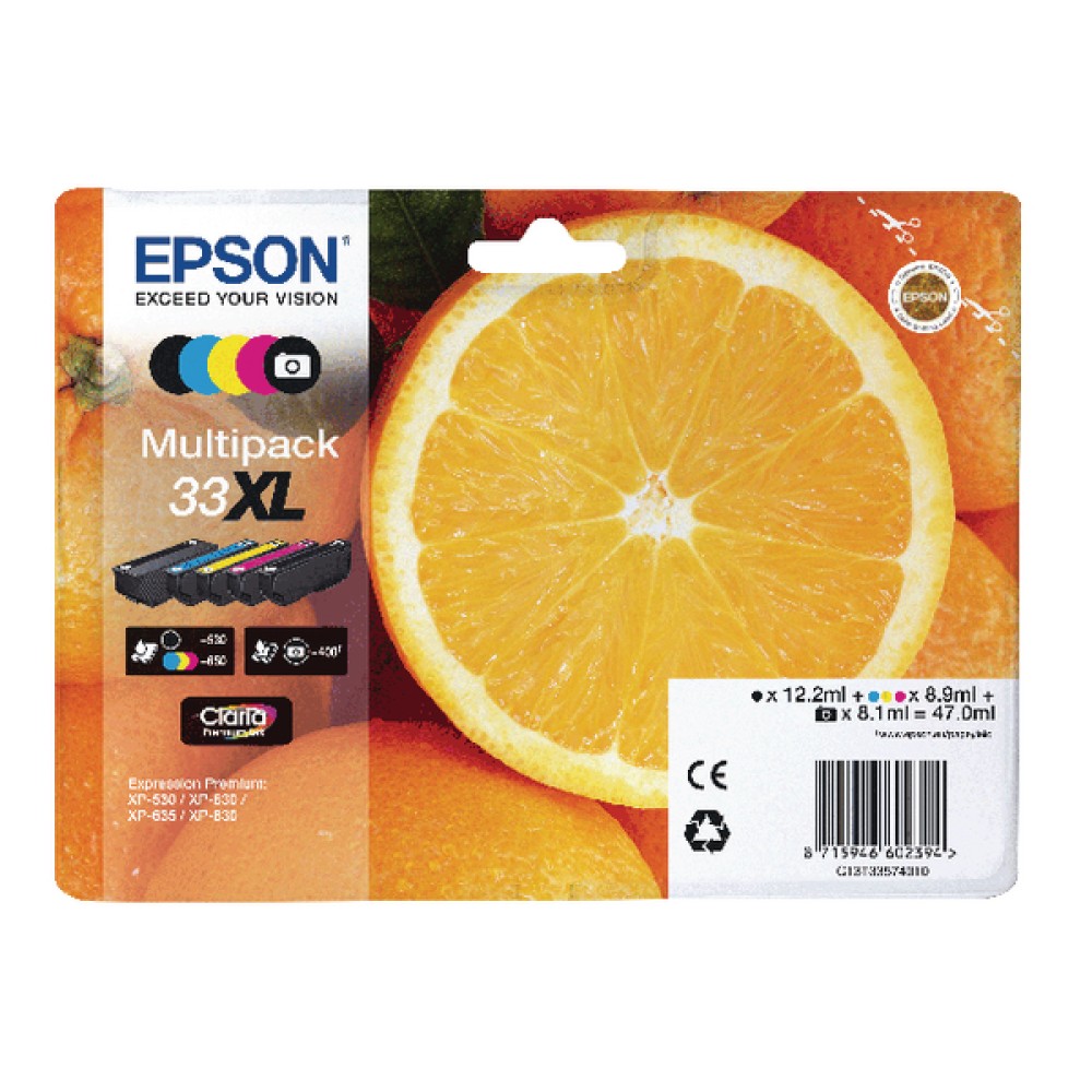 Epson Multipack 33XL Non-Tagged Ink Cartridges CMYKPhK (5 Pack) C13T33574011