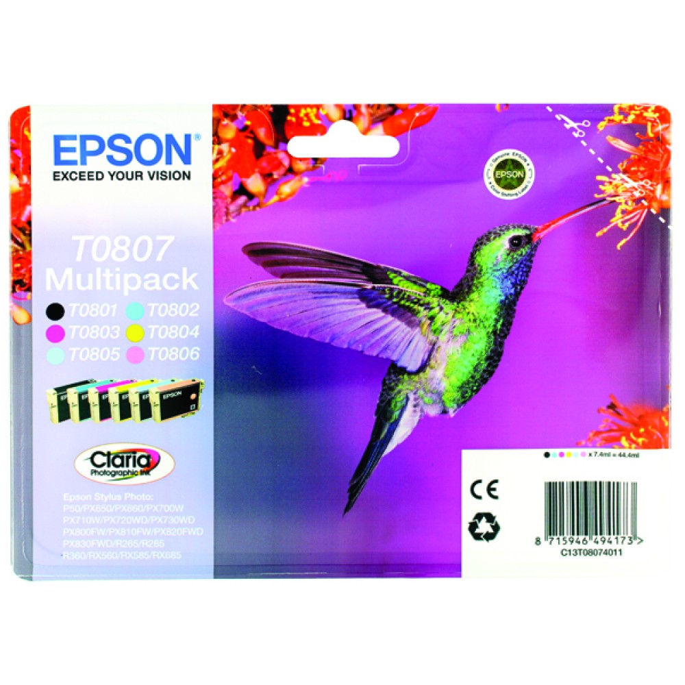 Epson T0807 Black/Colours Photo Ink (6 Pack) C13T08074011 / T0807