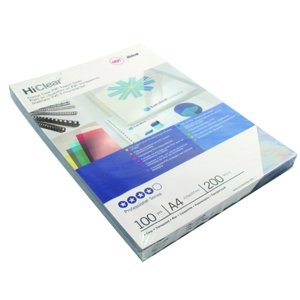 HiClear Covers are made from durable, crystal clear PVC, adding a premium finishing touch to any document. The title page display makes a striking impact while the contents enjoy the highest quality protection. A4, 200 micron. Pack size: 100.