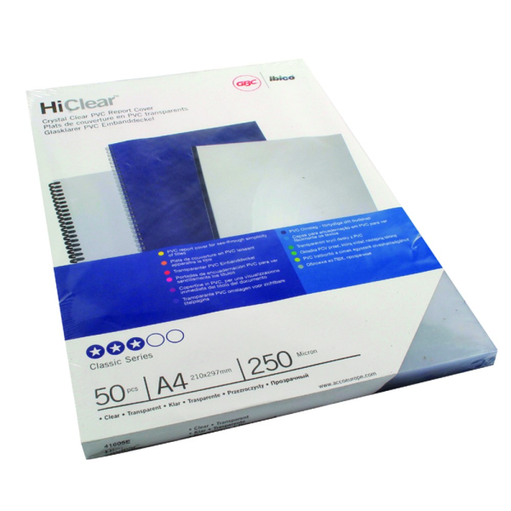 HiClear Covers are made from durable, crystal clear PVC, adding a premium finishing touch to any document. The title page display makes a striking impact while the contents enjoy the highest quality protection. A4, 250 micron. Pack size: 50.