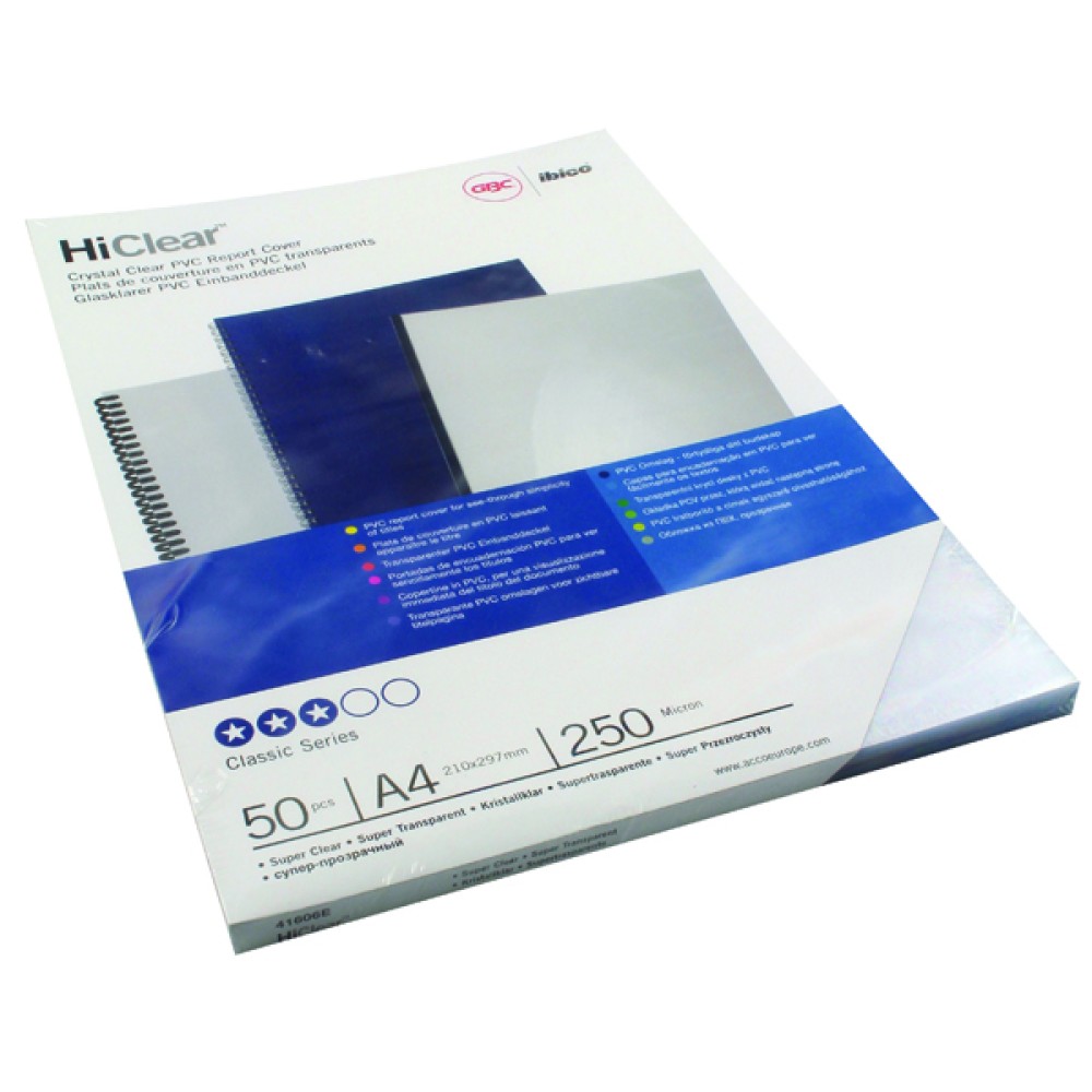 HiClear Covers are made from durable, crystal clear PVC, adding a premium finishing touch to any document. The title page display makes a striking impact while the contents enjoy the highest quality protection. A4, 250 micron. Pack size: 50.