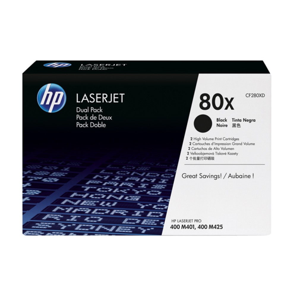 HP 80X Black High Yield LaserJet Toner Cartridge (2 Pack) CF280XD