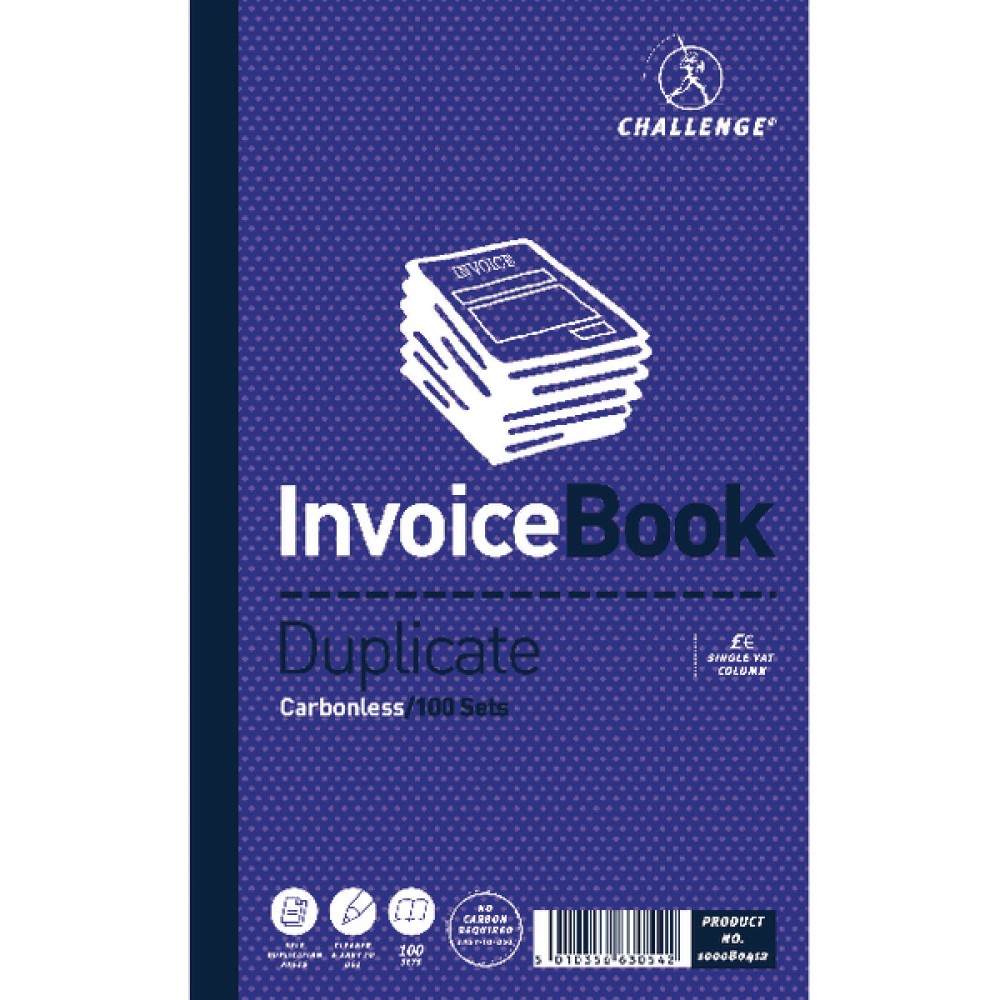 Challenge Duplicate Invoice Single VAT Column Book Carbonless 100 Sets 210 x 130mm (5 Pack) 100080412