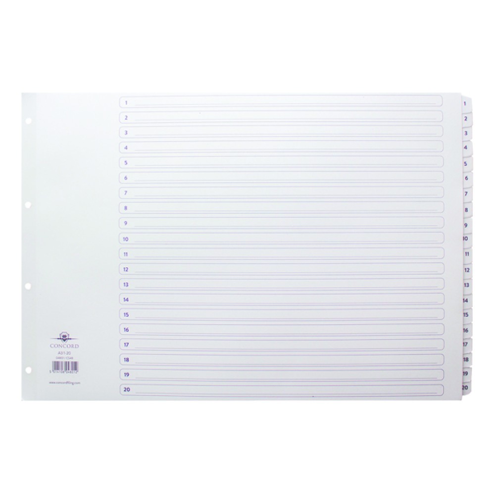 Concord Classic Index 1-20 A3 White Board With Clear Mylar Tabs 04801/Cs48
