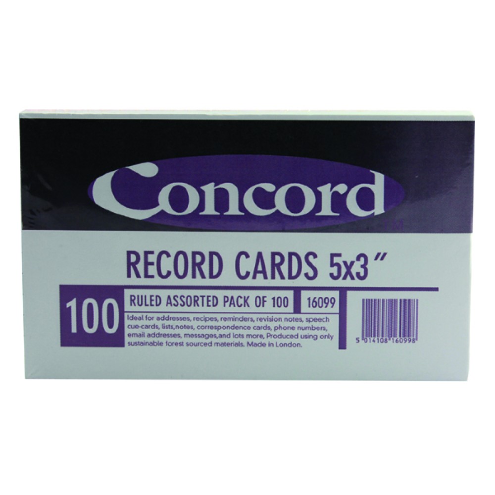 Concord Record Card 127x76mm Assorted (100 Pack) 16099/160