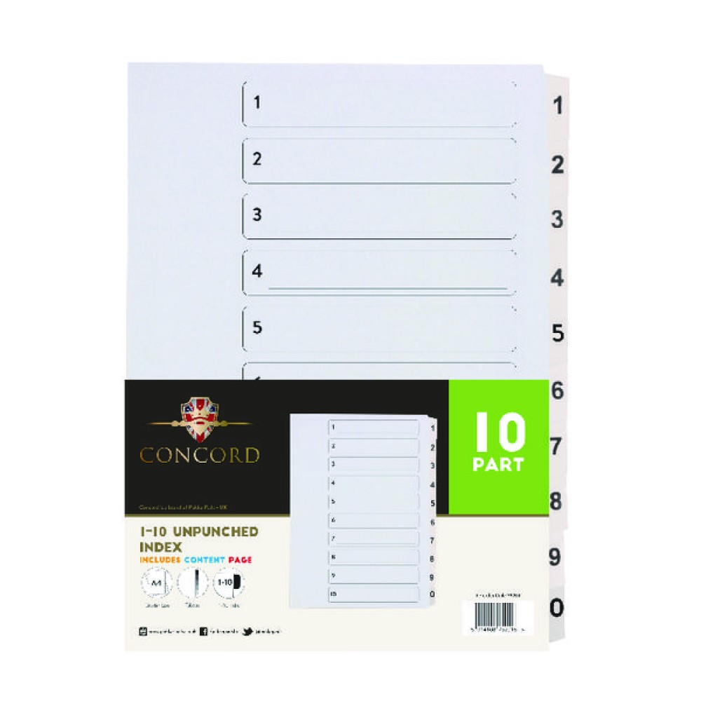 Concord 1-10 Index Presentation Dividers Unpunched A4 White (10 Pack) 75201