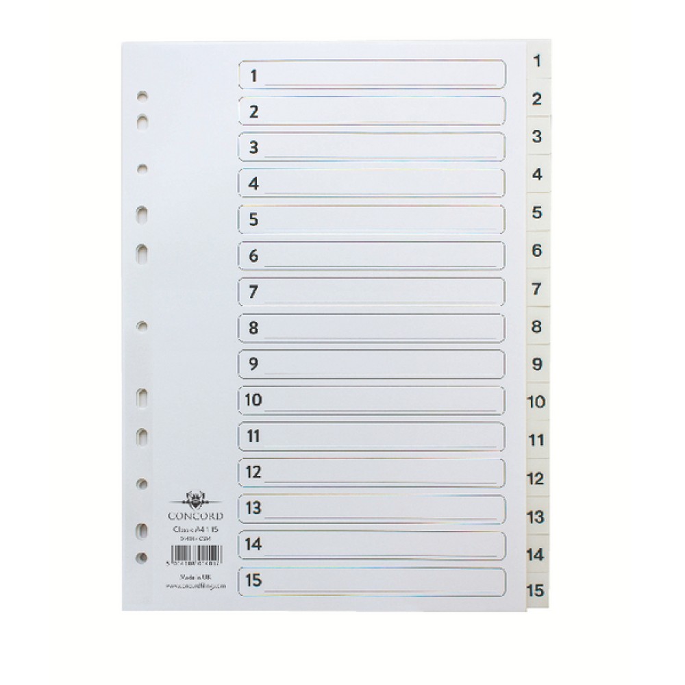 Concord Classic Index 1-15 A4 White Board With Clear Mylar Tabs 01401/Cs14